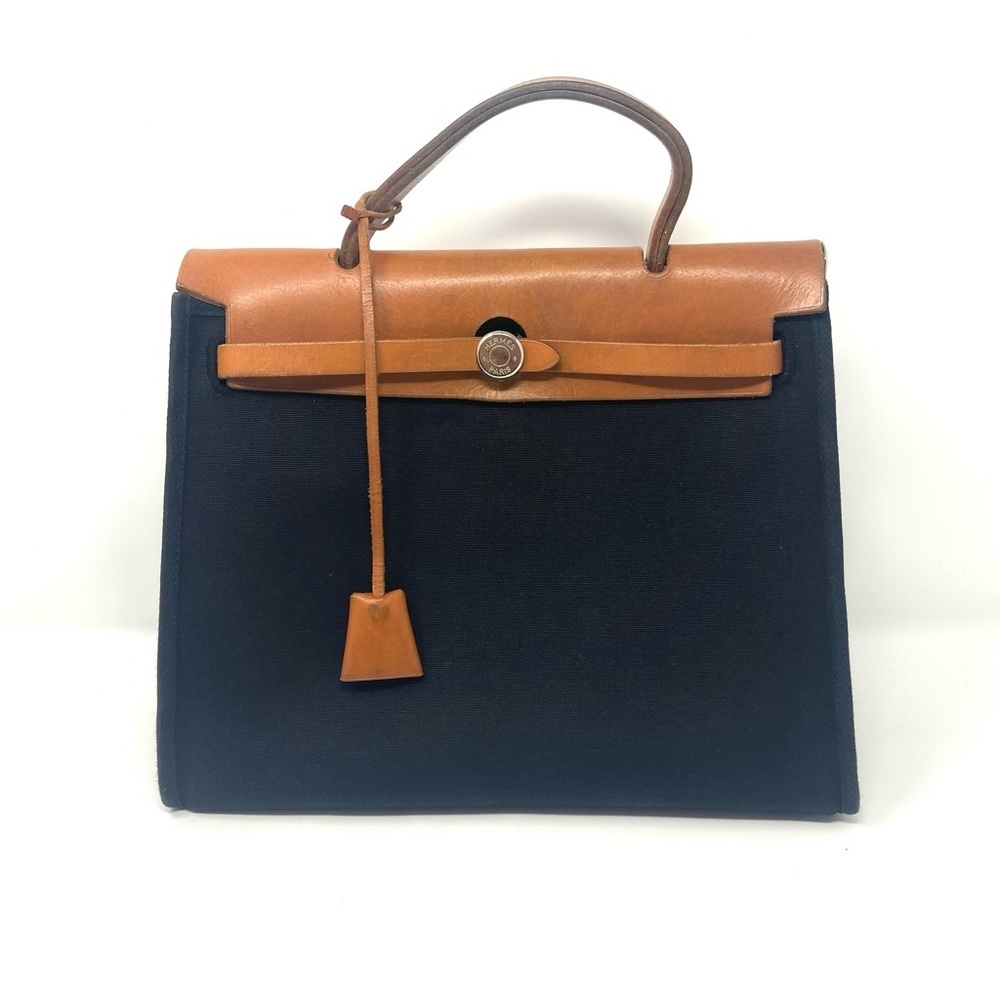 Vintage Hermes Vachetta Hunter Toile Herbag Zip 31 PM Bleu De Malte Natural